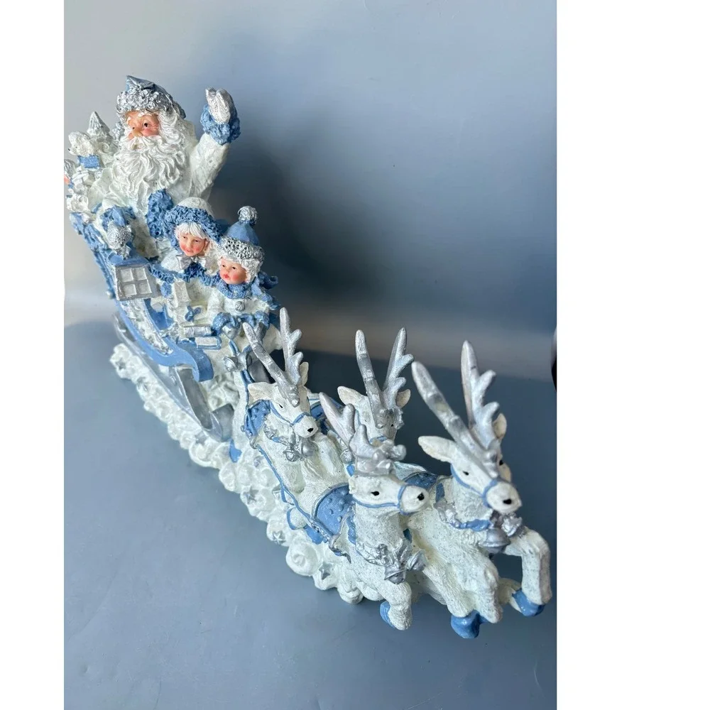 Santa Claus Sleigh and Reindeer Figurine Blue White Silver Christmas Centerpiece